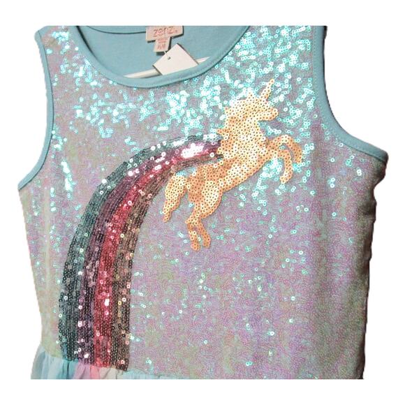 Zenzi Girls Unicorn Sequin Dress XL (14) Light Blue Tulle Skirt Rainbow Detail - Picture 2 of 6